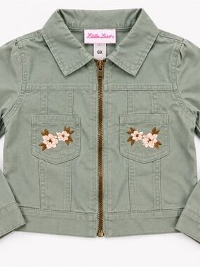 Little Lass Sage Green Embroidered Front-Pocket Jacket
